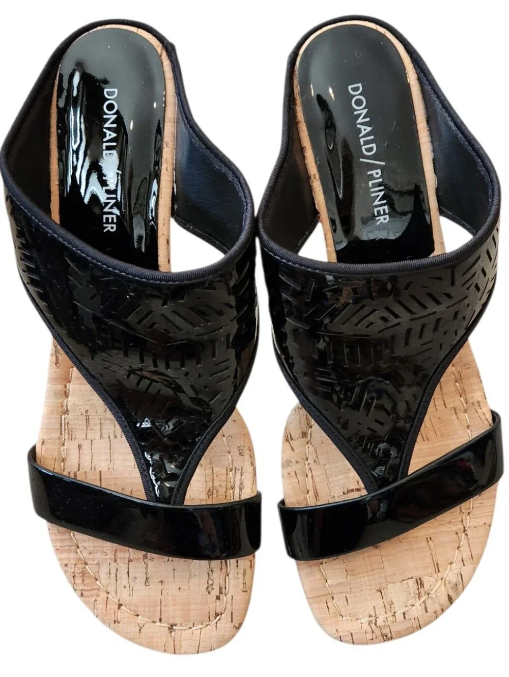 Donald J. Pliner Black Patent Leather/Cork Wedge Sandals Size 7.5M Toe Strap